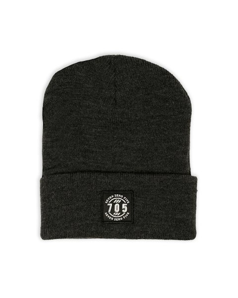 Charcoal cuffed beanie with a small woven patch