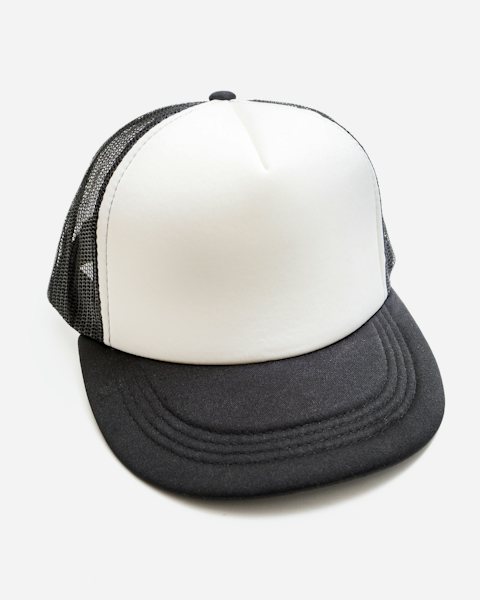 Black and white trucker hat with mesh back